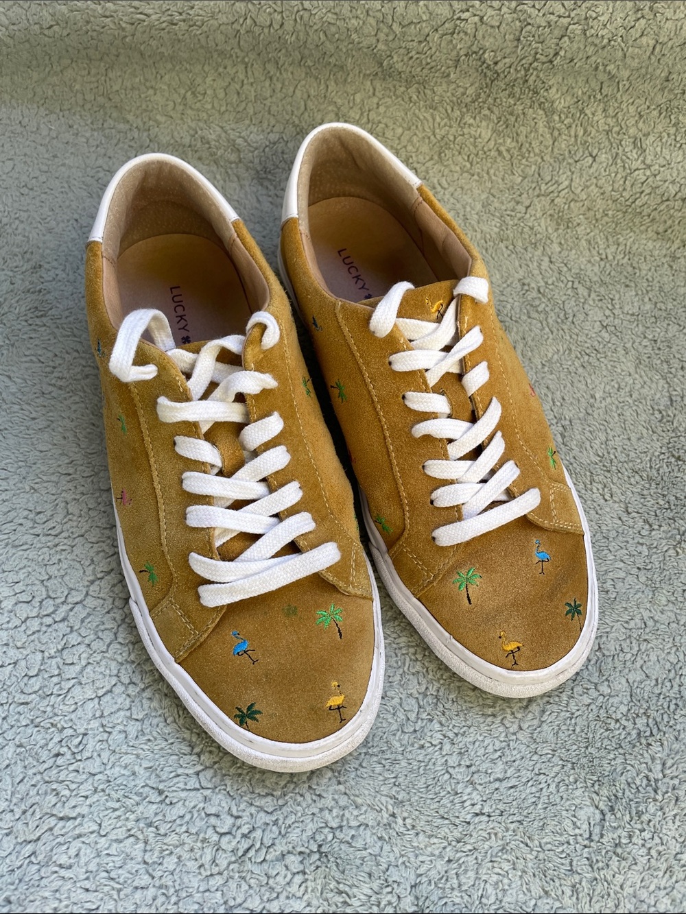 Lucky Brand Tan Suede Low-Top women's Sneakers with Embroidered Tropical Accents